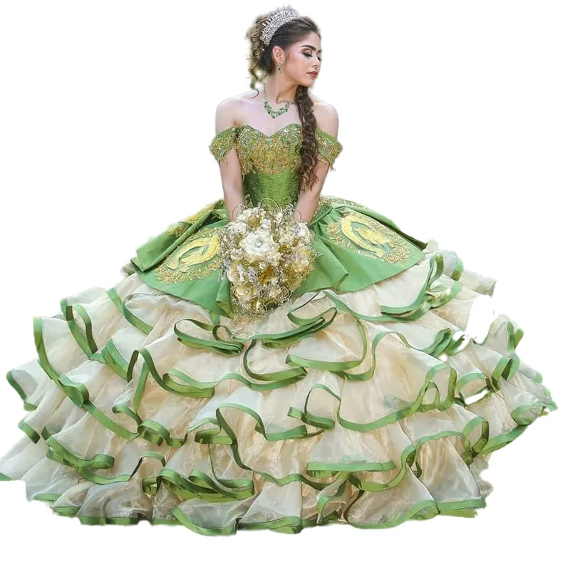 open lace back dress Ball Gown Tulle Off The Shoulder Sage Green Quinceanera Dress main image 0