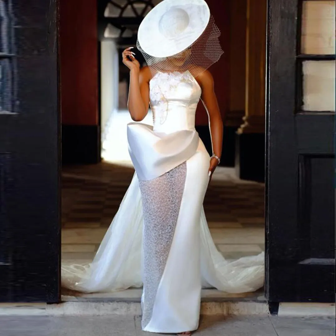 Stunning Modern strapless sheath wedding dress with Spaghetti Straps, Ruffles, See-Through Skirt, and Detachable Train