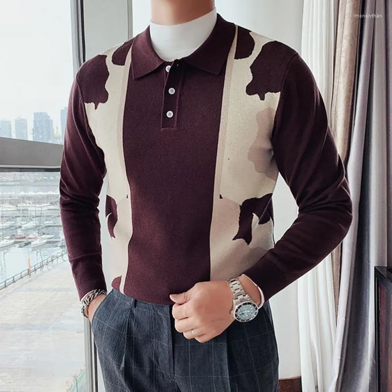 Men's Polos Green Men Lapel Long Sleeve Casual Polo Shirt Brown British Contrast Color Camouflage Knitted Para Hombre