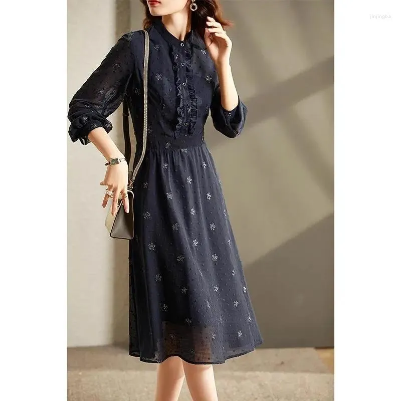 Casual Dresses Elegant Long For Women Loose Button Stand Collar Robe Femme Vintage Navy Blue Party Vestidos De Verano Mujer 2022