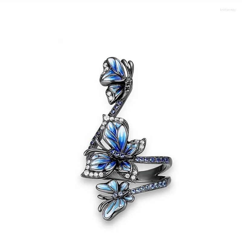 Cluster anneaux papillon d'animal tempérament tempérament bleu émail zircon incorpore noir pour les femmes fiançailles