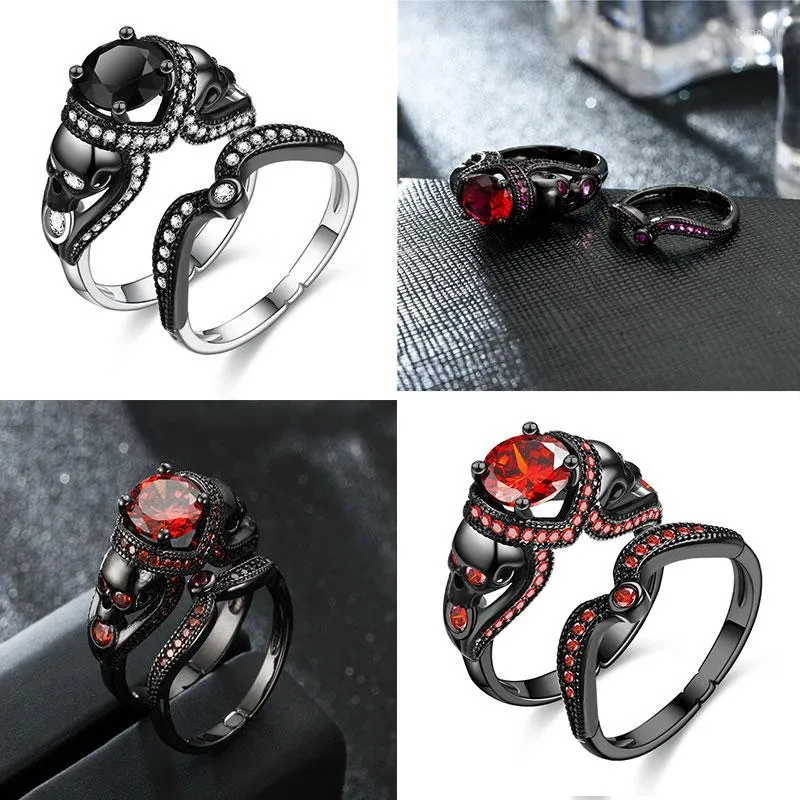 Hochzeit Ringe Schädel Ring Set Für Frauen Männer Punk Stil Schmuck Charme Schwarz Runde Zirkonia Valentinstag Geschenke Drop