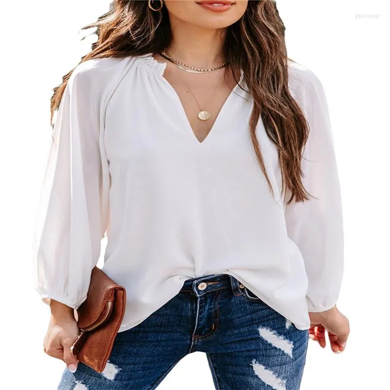 Women's Blouses Women Casual Blouse Solid Color Loose Long Sleeve V-neck Tops Ladies Elegant Pullovers For Daily Fall Spring Clothing