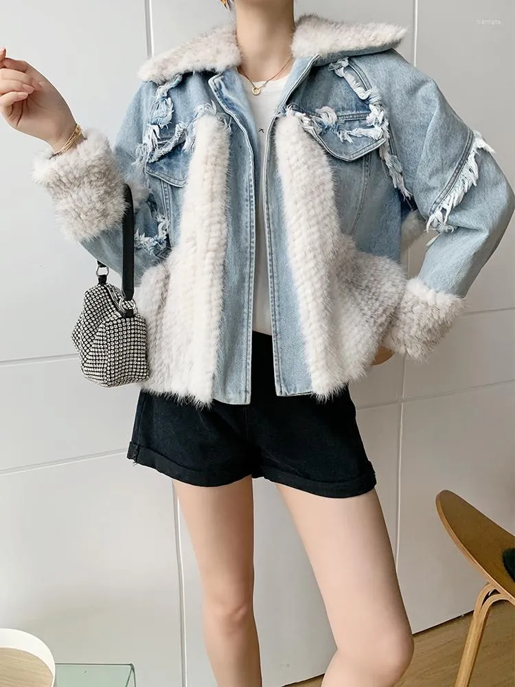 Women's Fur Imported Woven Mink Patchwork Denim Jacket Coats Women 2022 Cross Female Autumn Bomber