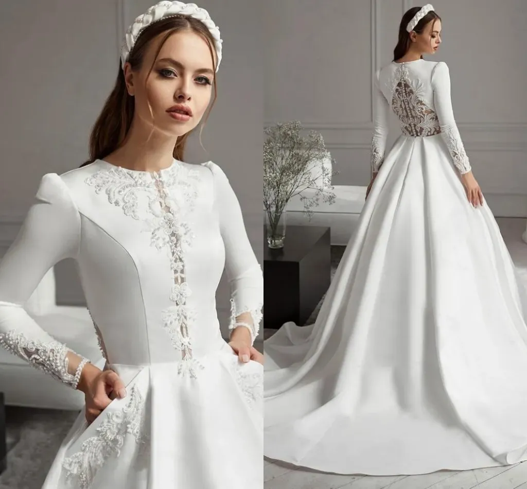 Ahorra a lo Grande en Compras al por Mayor de Vestido De Novia Musulmán De  Encaje Long Sleeves Lace Islamic A Line Modest Wedding Dresses Jewel Neck 