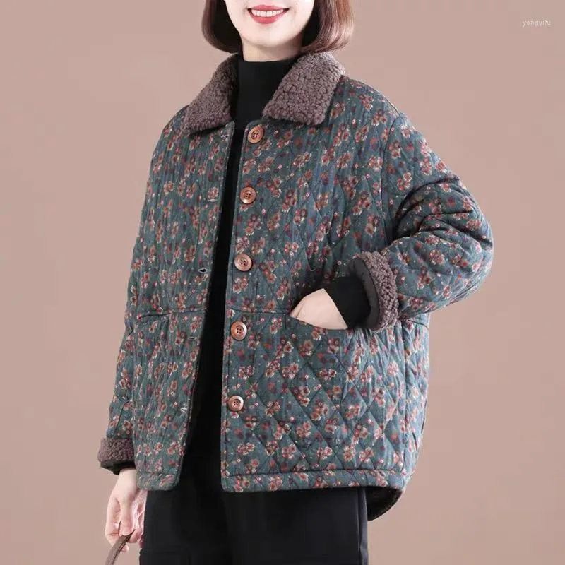 Damesgeul Lagen Vintage Winter Bloemen Korte jas Women warm plus fluwelen bont kraag katoen met katoen met een vrouwelijke femme losse parka's