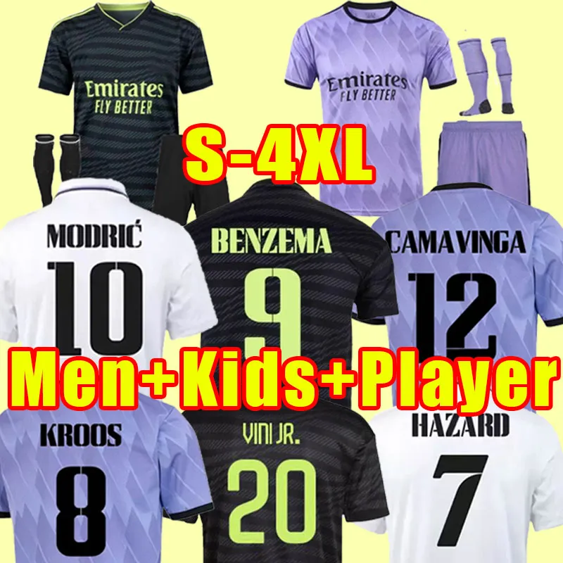 Benzema Soccer Jerseys 22 23 مشجعًا نسخة لاعب كرة قدم فيني Jr Modric Rodrygo Rudiger Men 2022 2023 Camavinga casemiro Real Madrids Men Kids Clow مجموعة 3XL 4XL