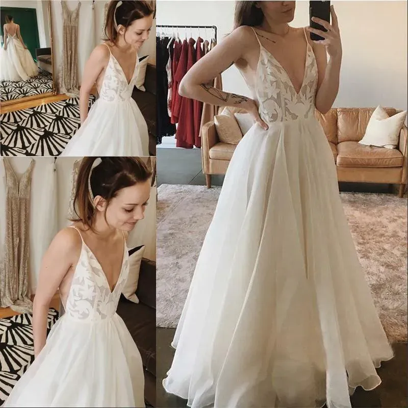 2023 Strand Brautkleider Brautkleid Tüll Spaghetti -Gurte Spitze eine Linie Bodenlänge Pluig -Größe maßgeschneiderter Garten Vestido de Novia 403 403