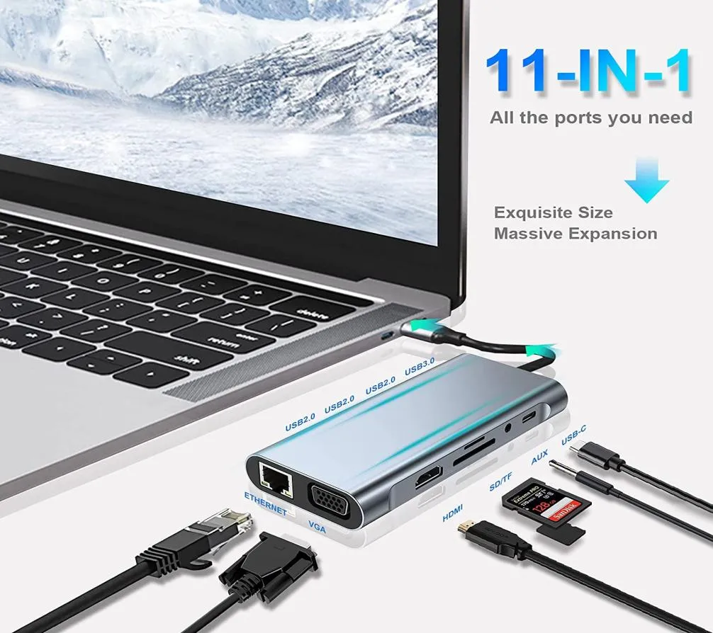 11 In 1 USB HUB Docking Station Adapter with 4K HDMI VGA Type C PD Ethernet RJ45 Port SDTF Cards 35 mm AUX Compatible MacB8196751