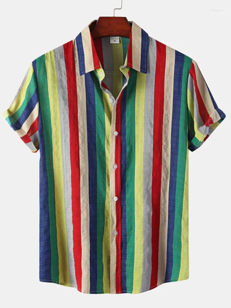 Chemises décontractées pour hommes 2022 été chemise hawaïenne hommes coupe régulière Blouse revers coloré rayé imprimé à manches courtes