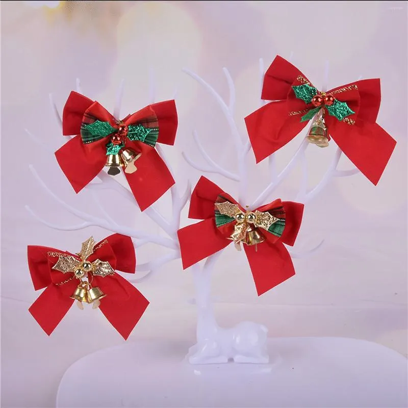 Articoli per feste regalo di Natale con campana di ferro 10 pezzi fiocco rosso in tessuto floccato