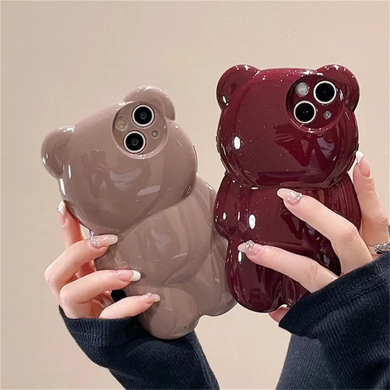 Coreano bonito 3d dos desenhos animados urso glitter casos de telefone para iphone 15 14 13 12 11 pro max adorável animal brilhante à prova de choque capa macia funda