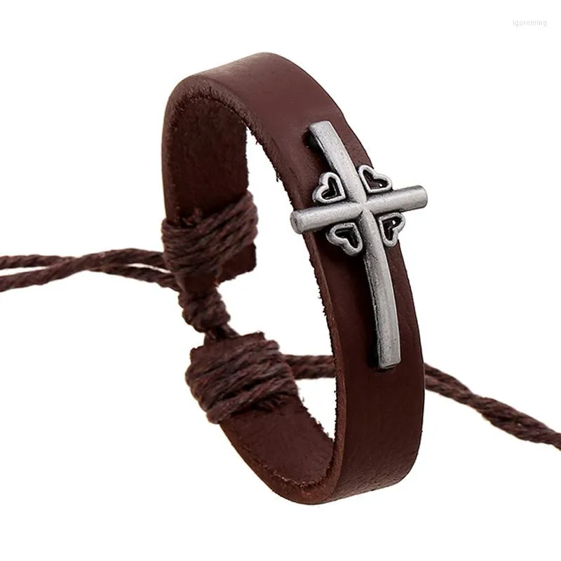 Link Bracciali Moda Vintage Pelle Fatti a mano Croce Cuore Braccialetto di fascino Braccialetti Polsino Uomo Donna Pulsera Gioielli regalo di San Valentino E444