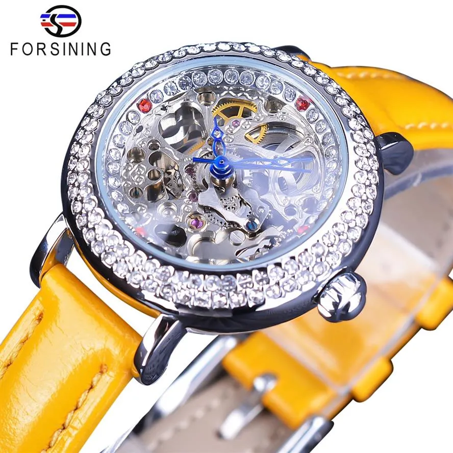 Forsining cuero amarillo transparente flor espalda esqueleto corona real moda dama diamante lujo mujeres relojes mecánicos Clock265e