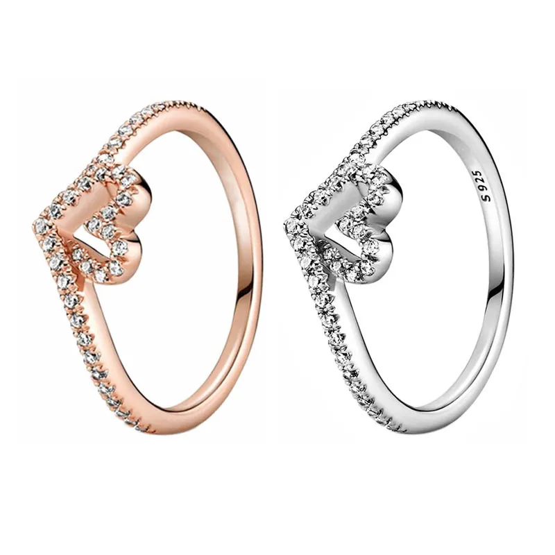 18K Rose Gold Scirecling Wishbone Seart Ring с оригинальной коробкой для Pandora Аутентичные серебряные свадебные украшения для женщин для женщин CZ обручальные кольца с бриллиантами набор