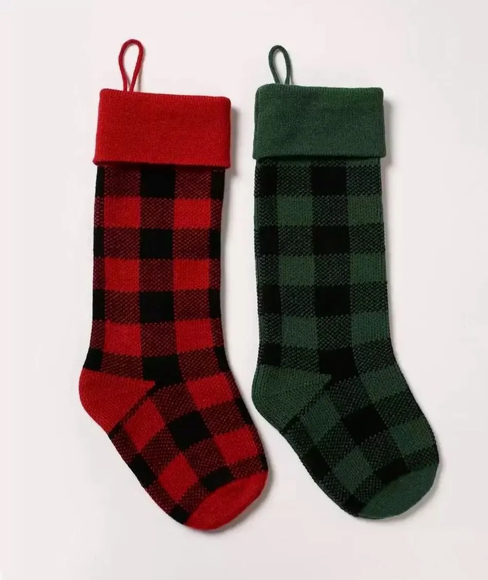 Chaussettes de Noël en tricot Buffalo Check Plaid Chaussettes de Noël Bonbons Sac cadeau Décorations de Noël intérieures RRA700