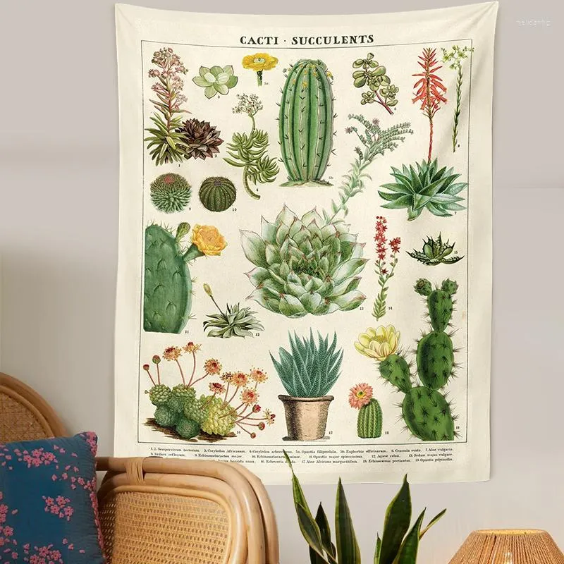 Tapissries Botanical Cactus Tapestry Wall Hanging Retro Cacti Succulents Mushroom Chart Hippie Bohemian Witchcraft Home Decor