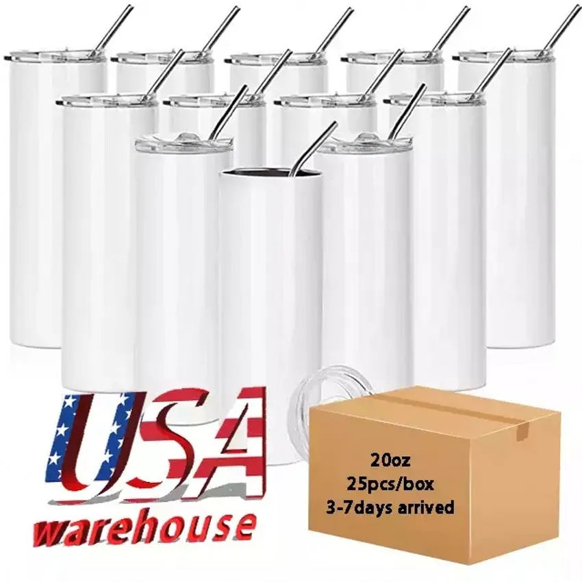 USA Warehouse 20OZ Bottalas de agua de sublimaci￳n en blanco Recto 20 oz Tazas de t￩ de caf￩ aislados de acero inoxidable con tapa y paja de pl￡stico SS1227