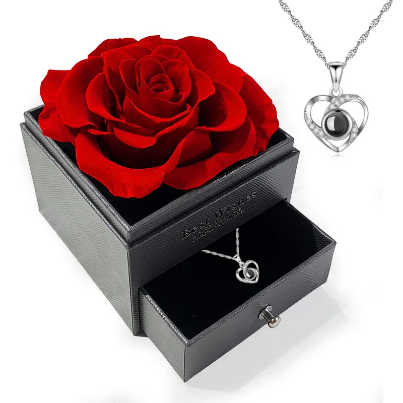 Eternal Flower Decorative Acrylic Jewelry Real Rose Drawer Gift Box Valentine's Day Christmas Gift without Necklace Ring