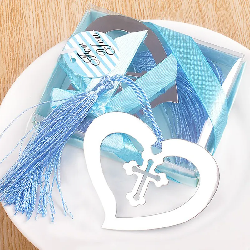 Br￶llopsg￤ster g￥vor Rostfritt st￥l Cross Heart Bokm￤rke med Blue Tassel Baby Shower Event Party Supplies