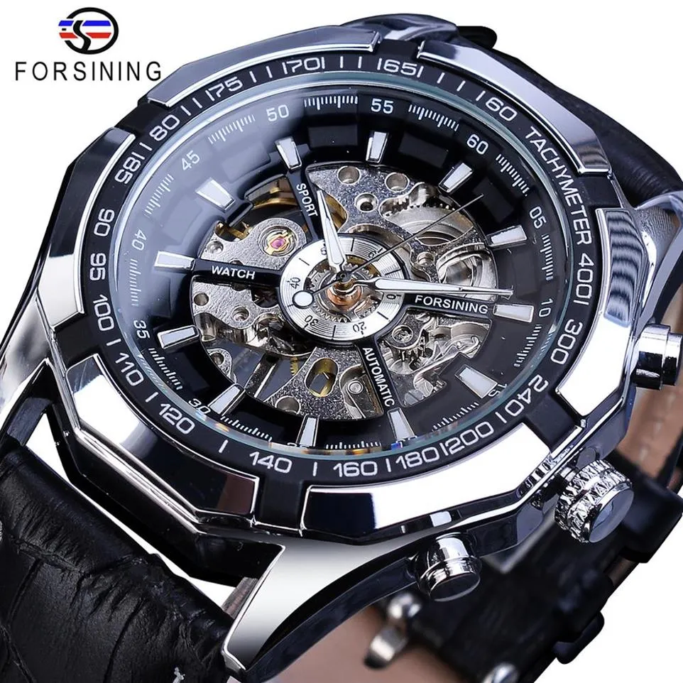 Forsining marca orologio meccanico da uomo scheletro Steampunk movimento a carica manuale nero orologi da polso in vera pelle Reloj Hombre 20191934