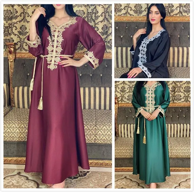 Etnik Giyim Orta Doğu Dubai İşlemeli Altın Dantel Jalabiya Elbise Abaya Müslüman Kız Arap Slim