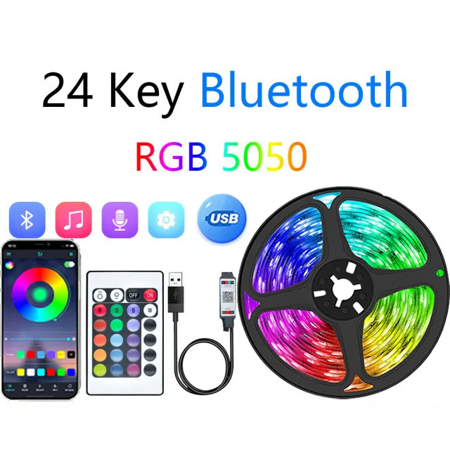 LED -remsljus med 24 nycklar Bluetooth App Control TV Bakgrund Musik Sync Tape för sovrumsdekoration SMD5050