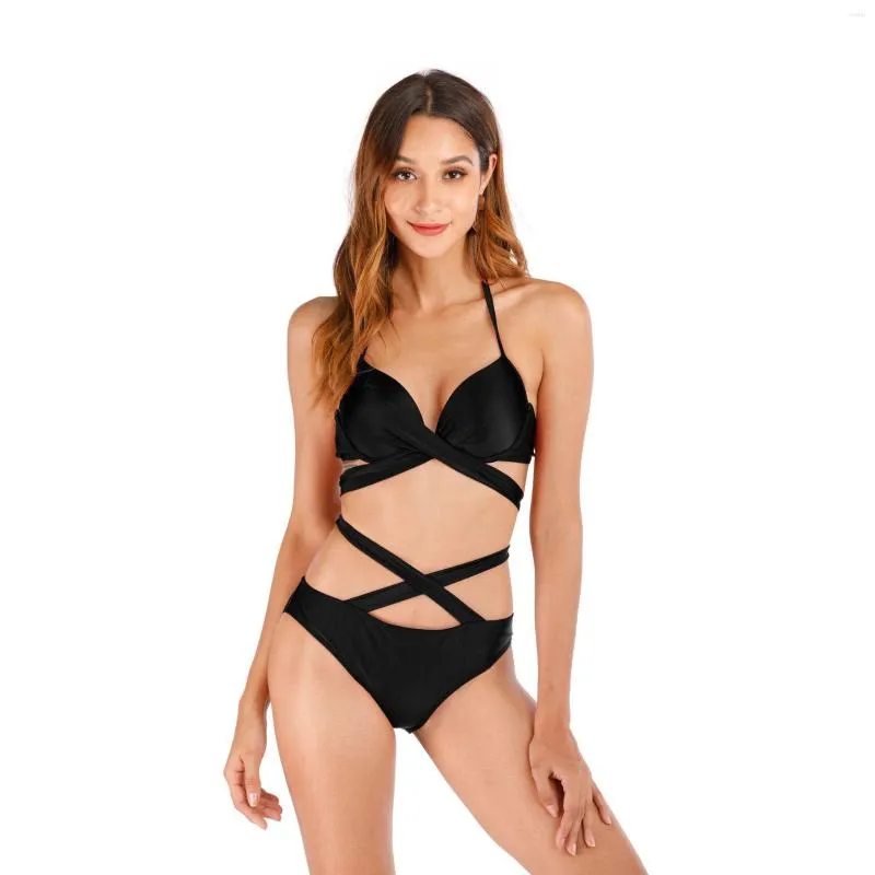 Mulheres de banho 5 cores biquíni sexy sólido cruz bandagem oco halter maiô feminino conjunto biquinis maiô