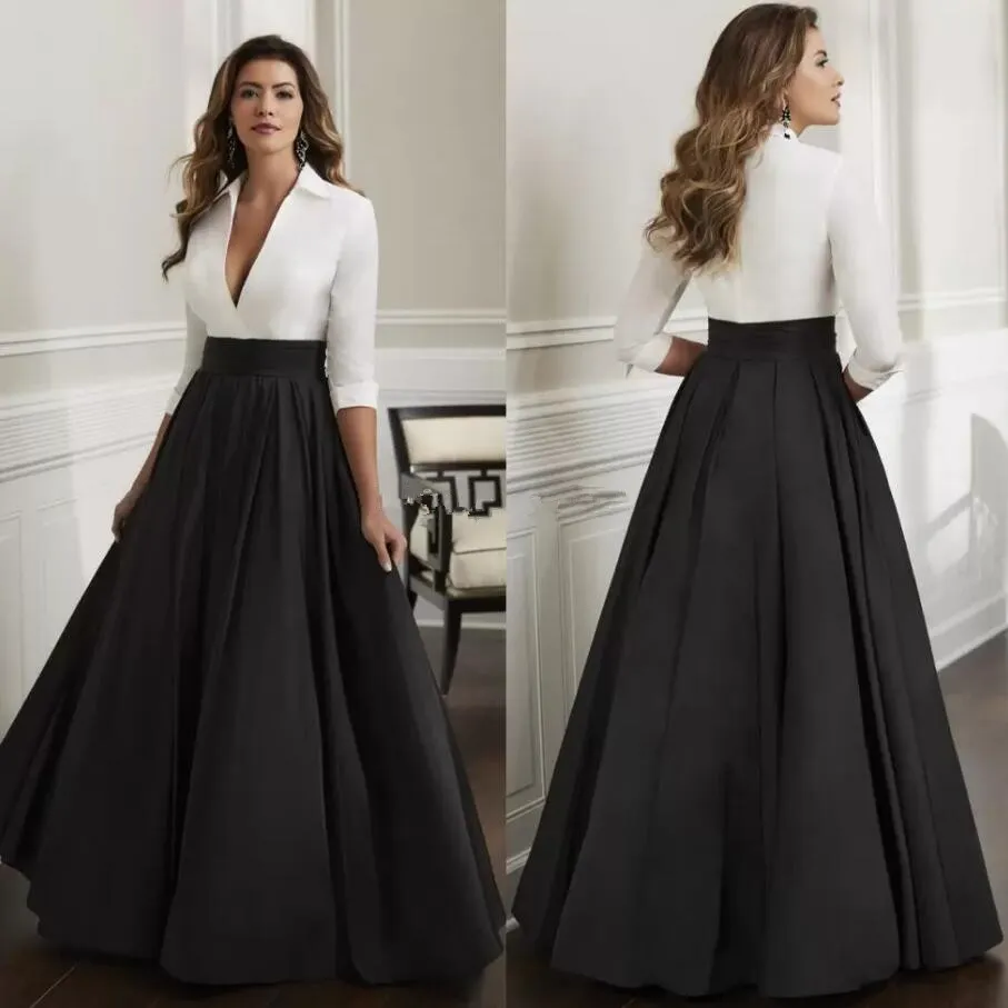 Black White Long Sleeve Mother's Dresses 2023 Stain Deep V Neck Pleated Prom Formal Mother of the Bride Groom Gown