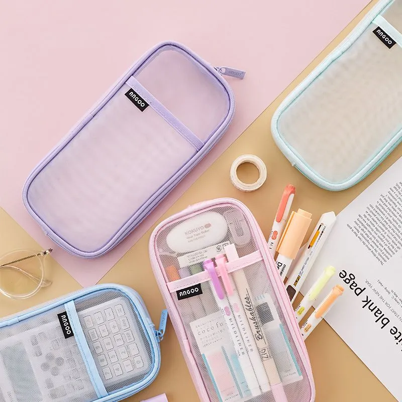1pcs Transparent Mesh Pencil Case Pen Bag High Quality Ice Cream Color Storage Pouch Organizer for Stationery School RRC611