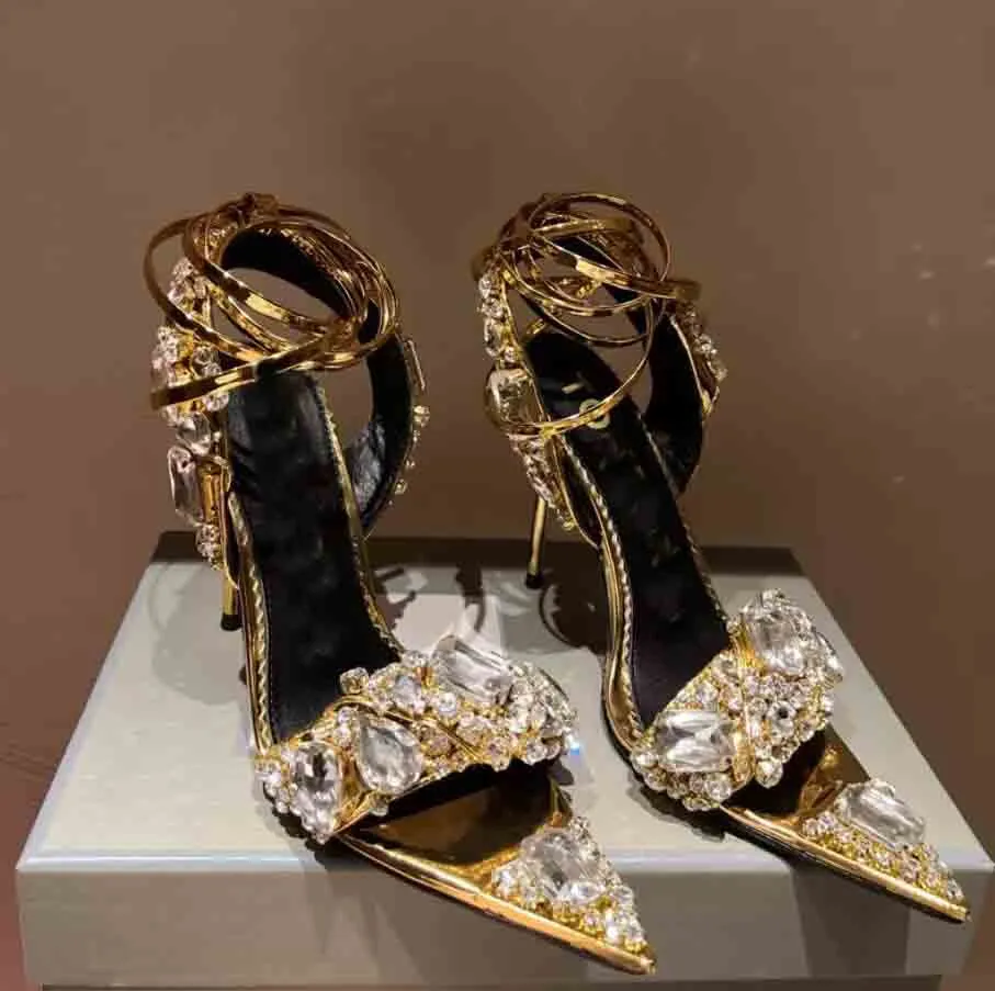 Sapatos de vestido de noiva de noiva sandálias 110mm mulheres bombas tom-f- Sandália tornozelo espelho espelho de couro cravejado pedras pontuais jóias bombas embelezadas de cristal