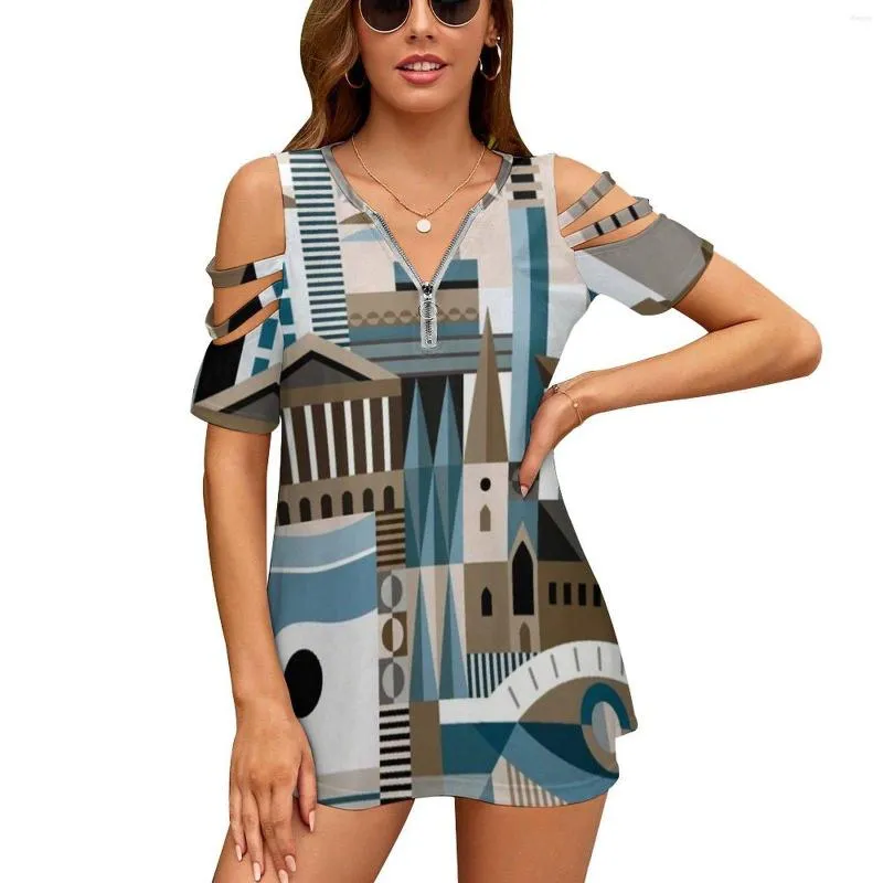 Camisetas de mujer modernista Brum I moda cremallera fuera del hombro Top de manga corta camisa de mujer arquitectura Birmingham gráficos paisaje urbano