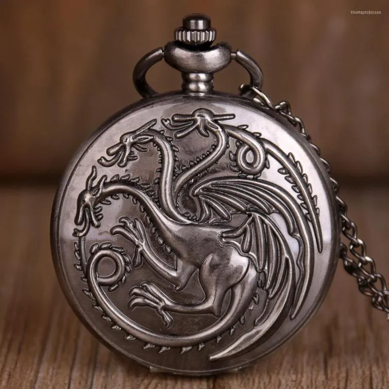 Pocket Watches Vintage Steampunk Gray Quartz Watch Dragon and Blood Men Kvinnor Halsbandskedja Pendantklocka