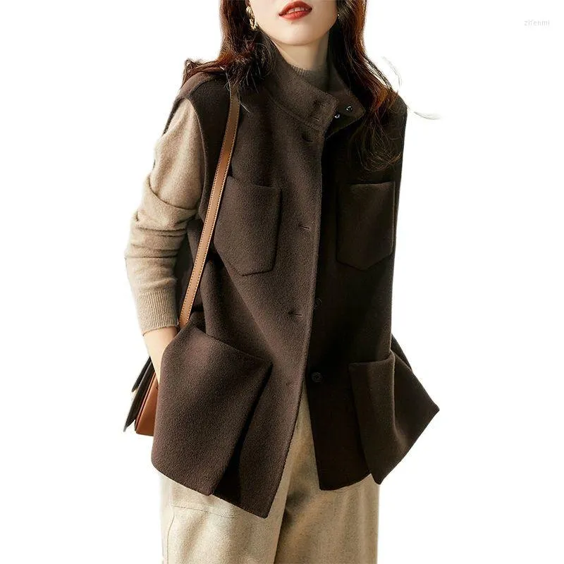 여자 조끼 2022 가을 숙녀 조끼 패션 큰 포켓 모직 재킷 탑 디자인 느슨한 스탠드 업 칼라 양복 조끼 외부웨어 올해 매치