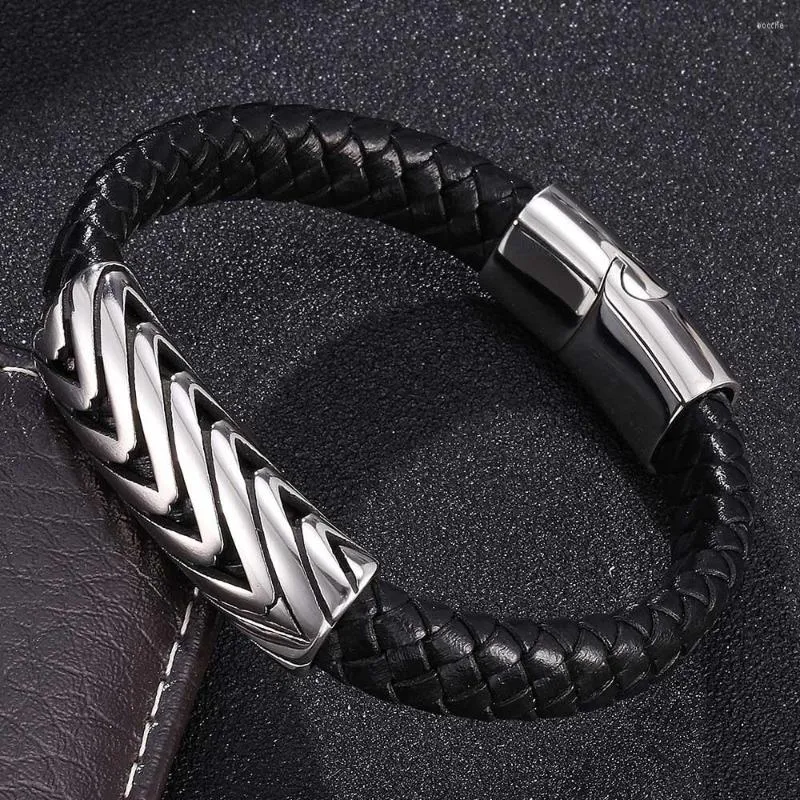 Braccialetto di qualità Retro Creative Arrow Bracciale in pelle intrecciata nera da uomo Fibbia magnetica in acciaio inossidabile Elegante fascino minimalista