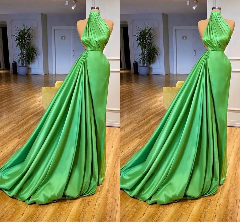 Green Plus Size Mermaid Evening Dresses Backless High Neck Draped Pleats Floor Length Formal Prom Party Celebrity Birthday Special Occasion Gowns Custom