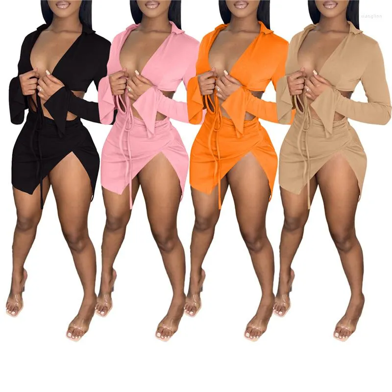 Maillots de bain pour femmes Tenues pour femmes Couleur unie Manches longues Bandage Tops Élastique Taille haute Jupes fendues Ensemble