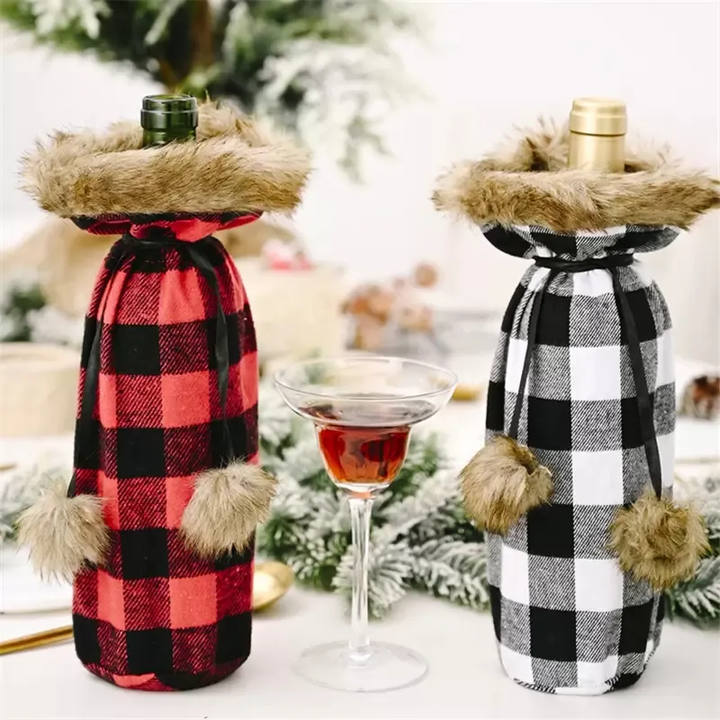Factory Buffalo Plaid Wine Bottle Cover Decorative Faux Fur Cuff Sweater Holder Gift Bags Party Ornament