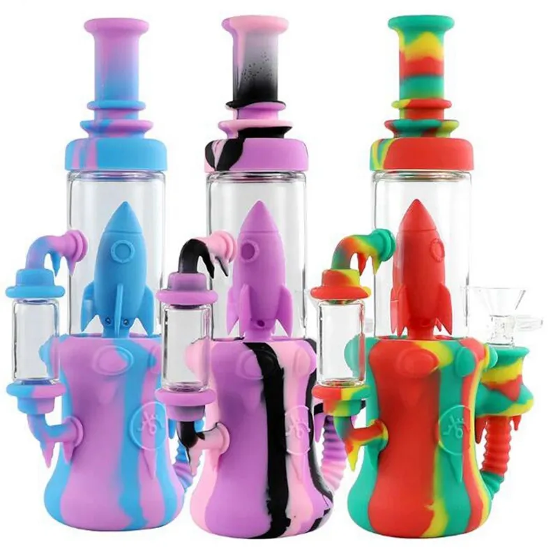 Bunte Silikon-Bong-Wasserpfeifen, leicht zu reinigende Kräuter-Tabak-Ölplattformen, Griff, Glasschüssel, Handpfeifen, Rauchen, Zigarettenhalter, tragbare Desktop-Wasserpfeife, DHL