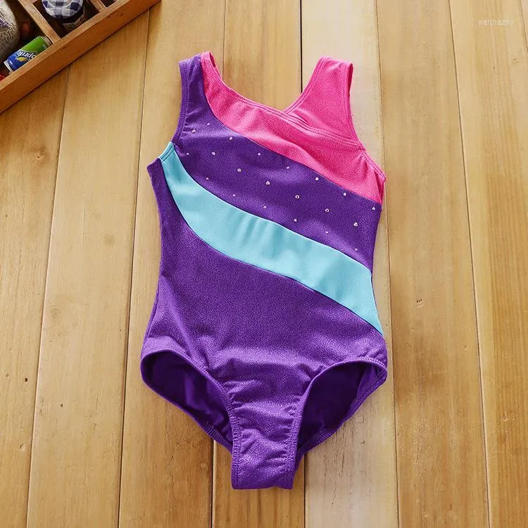 Vêtements de scène filles sans manches justaucorps de gymnastique enfants étincelle gymnastique tissu brillant pour l'athlétisme Ballet danse combinaisons d'entraînement