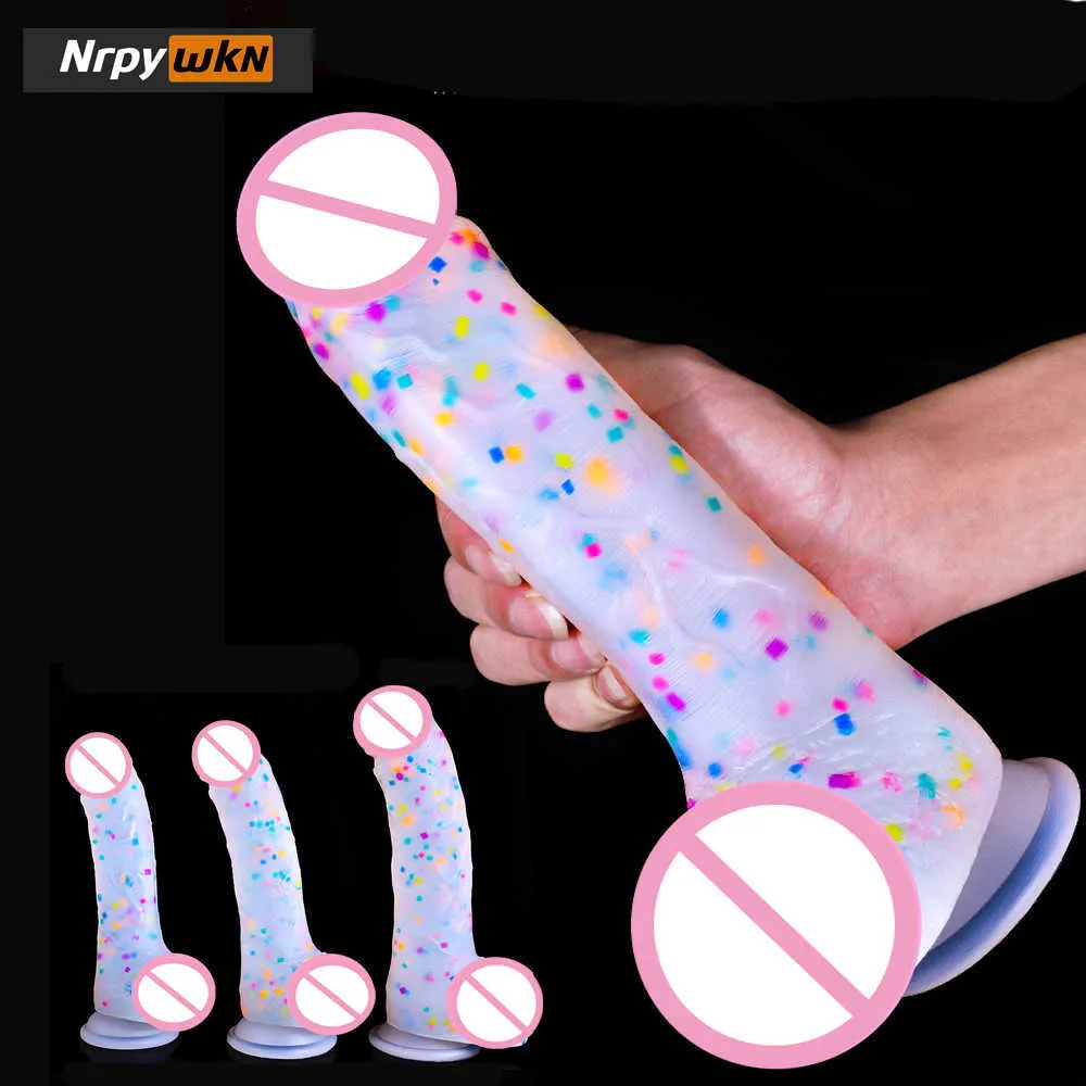 Sk￶nhetsartiklar konfetti 14-25cm dildo realistiska klara silikon sugkopp kvinnor sexig leksak f￶r g-spot vagina