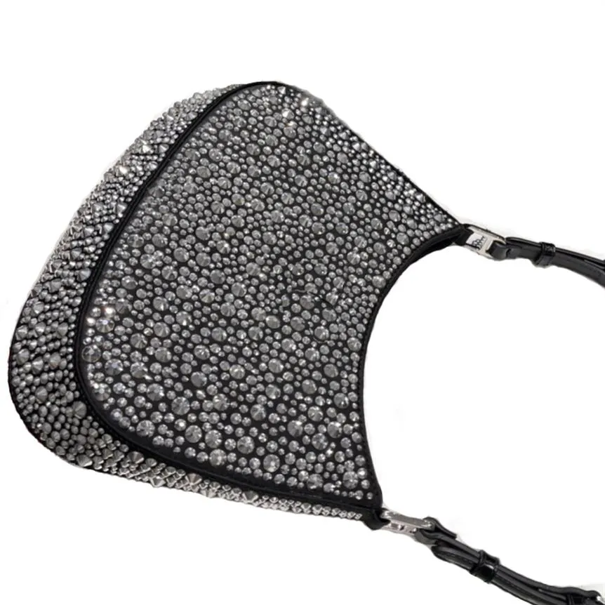 Borsa hobo cleo decorata con diamanti Manico in pelle Cerniera in finto cristallo Tasca per cellulare Portafogli in mosaico di cristallo donna Cross Body wa189I