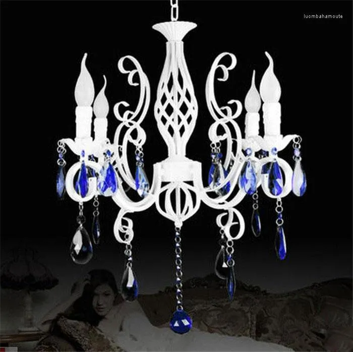 Chandeliers Retro Rustic Wrought Iron Chandelier E14 4pcs LED Candle Light Pure White Vintage Antique Blue Crystal Haning Lamp For Home