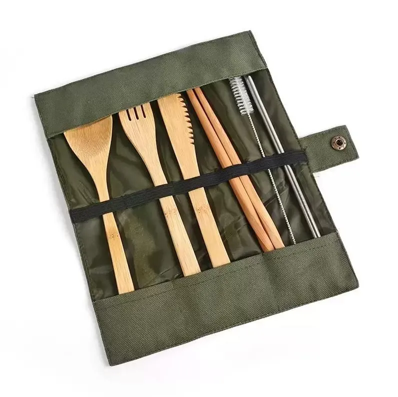 Trävaror Set Bamboo Teskoon Fork Soup Knife Catering Cutery Set med tygpåse Kök Köksverktygsredskap RRA710