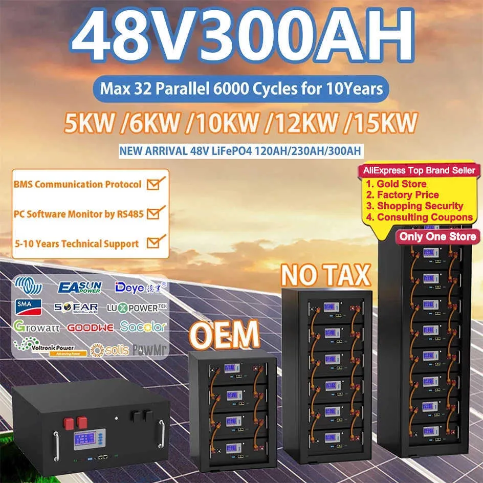 Batterie LiFePO4 48V 300Ah 200Ah 100Ah 15Kw 6000 Cycle 16S BMS 51.2V RS485/CAN PC Control Off/On Grid Batterie de stockage solaire