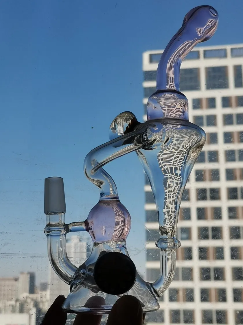 Glass Bongs Recycler Oil Rigs Hockahs 두꺼운 유리 물 파이프 구부러진 유형 빗 흡연 액세서리 14mm 조인트 보울