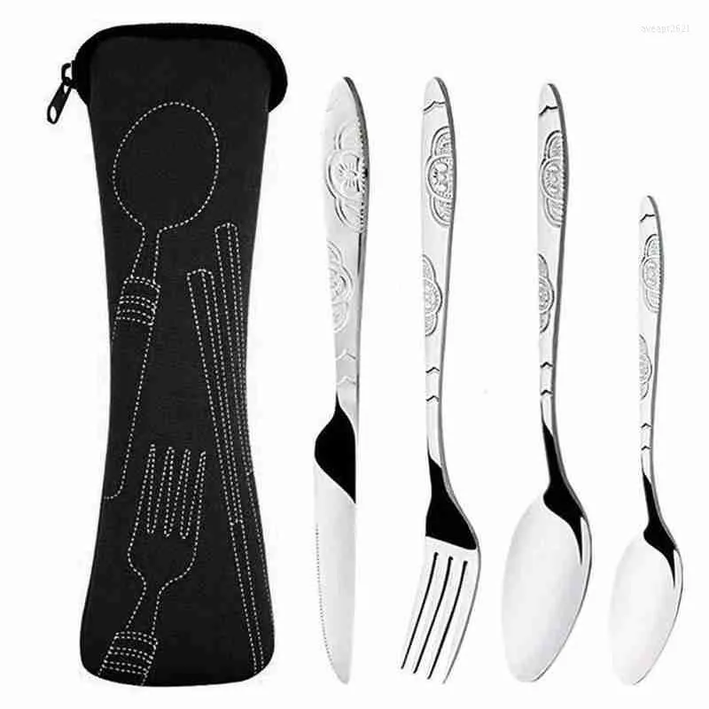 Dinnerware Defina o restaurante LOGO CUDDADO 4PCS Aço Facas de aço Spoon Conjunto de viagens Família Campo de talheres de quatro peças com estojo com estojo