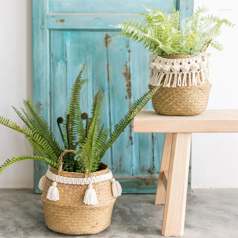 Tapisserier Macrame Storage Basket Wicker Wall Hängande handvävd Tassel Lanyard Plants korgar med hängsmycken ornament Panier Osier