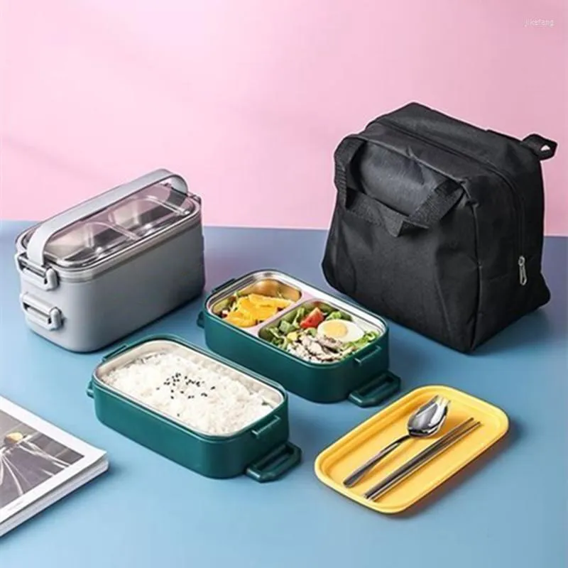 Set di stoviglie 1400ml Doppio strato in acciaio inossidabile 304 Lunch Box Set Bento a prova di perdite Contenitore per studenti adulti per microonde