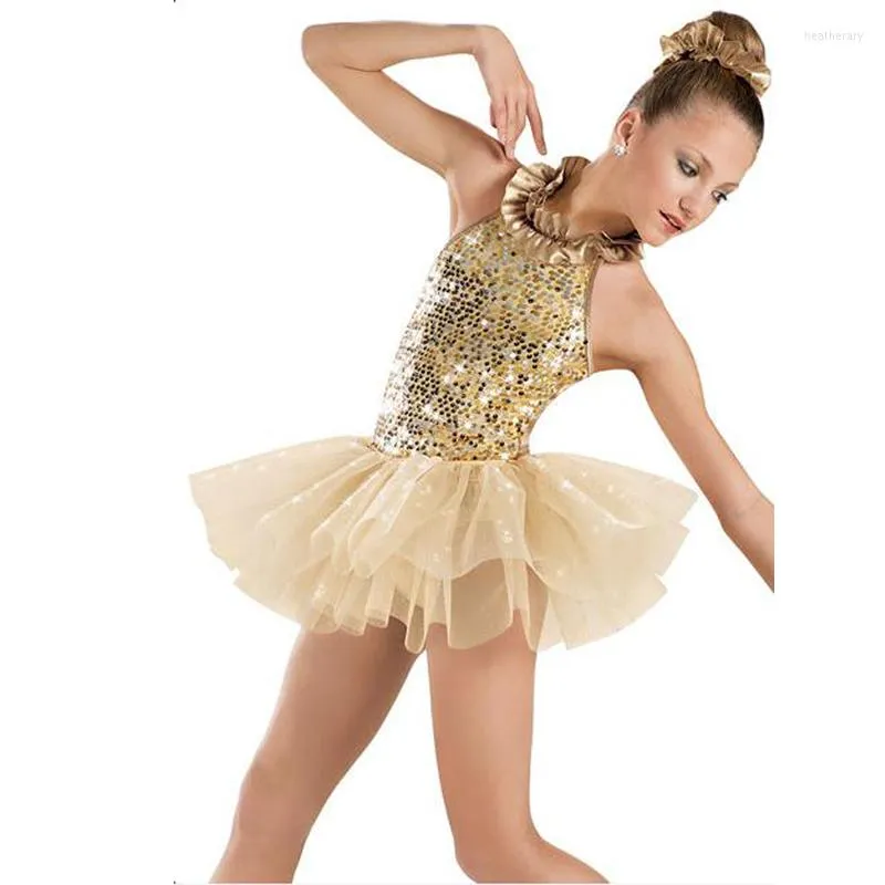 Stage Wear Junior Dance Tutu Dress Halter Neck Performance Outfits Sequins Ballet Costume